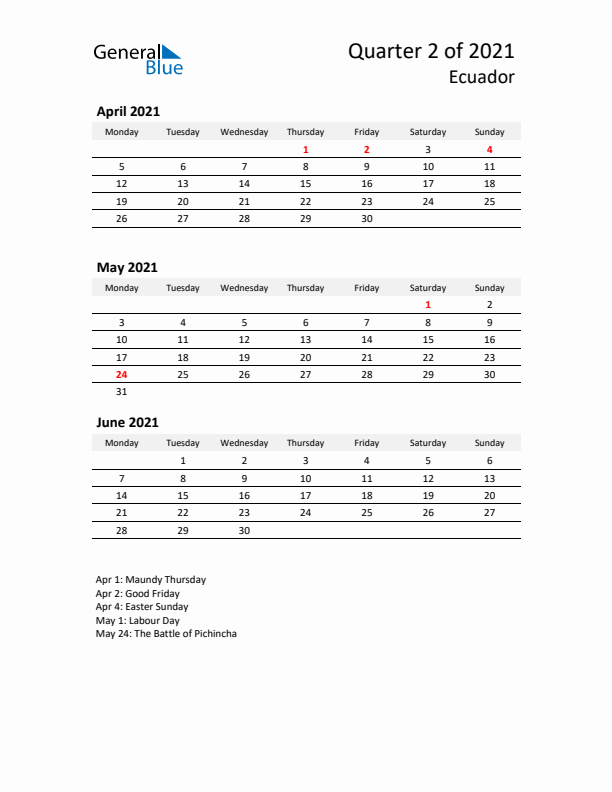 2021 Q2 Three-Month Calendar for Ecuador