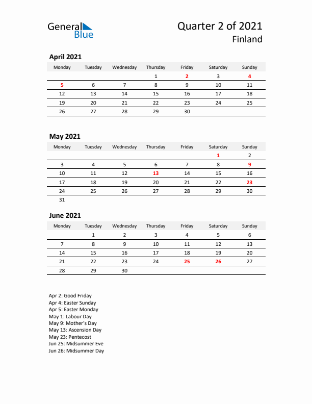 2021 Q2 Three-Month Calendar for Finland