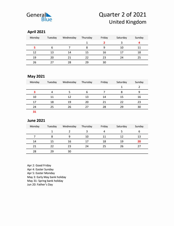 2021 Q2 Three-Month Calendar for United Kingdom