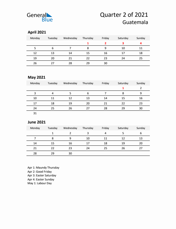 2021 Q2 Three-Month Calendar for Guatemala