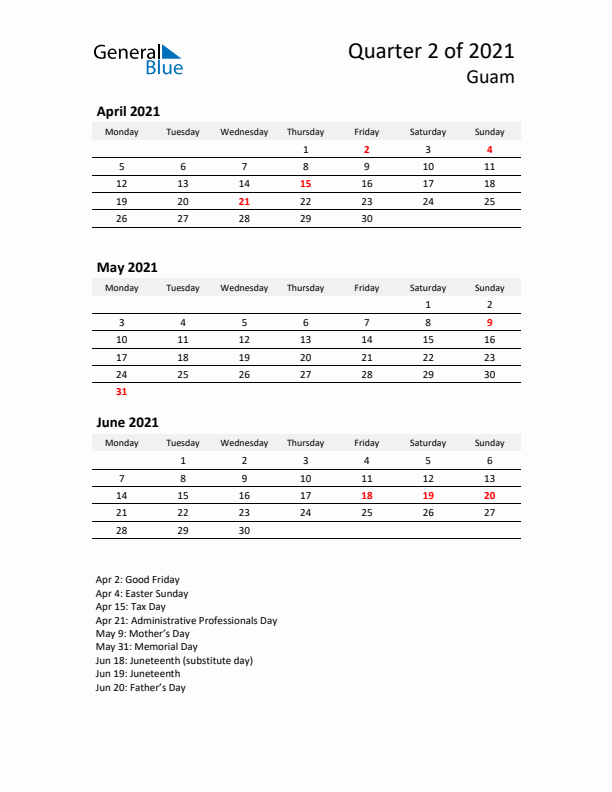 2021 Q2 Three-Month Calendar for Guam