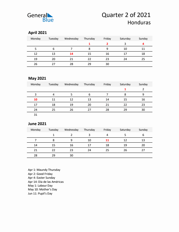 2021 Q2 Three-Month Calendar for Honduras