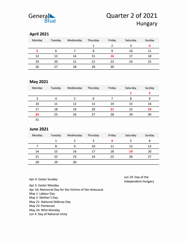 2021 Q2 Three-Month Calendar for Hungary