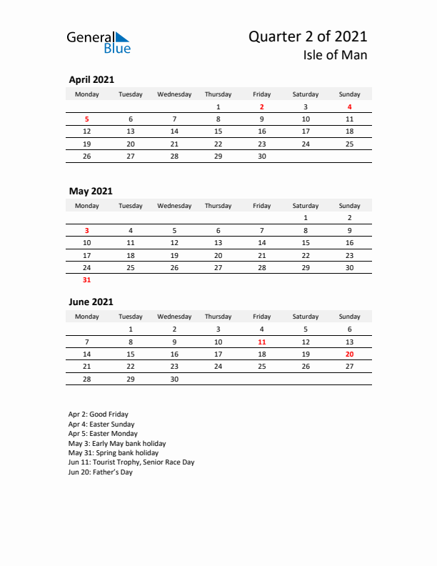 2021 Q2 Three-Month Calendar for Isle of Man