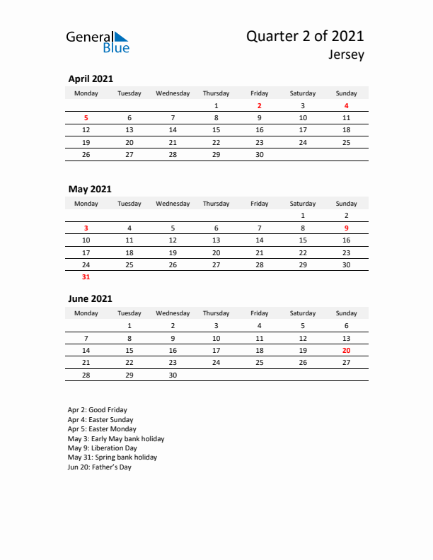 2021 Q2 Three-Month Calendar for Jersey