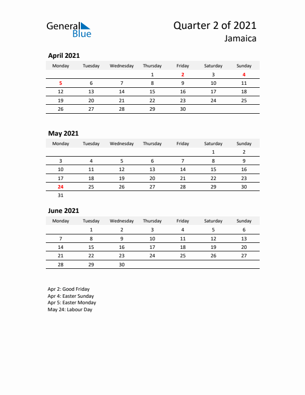 2021 Q2 Three-Month Calendar for Jamaica