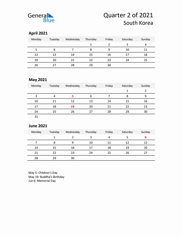 2021 Q2 Three-Month Calendar for South Korea