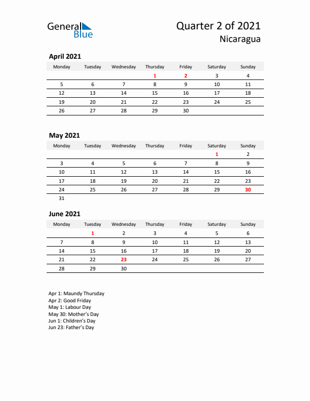 2021 Q2 Three-Month Calendar for Nicaragua