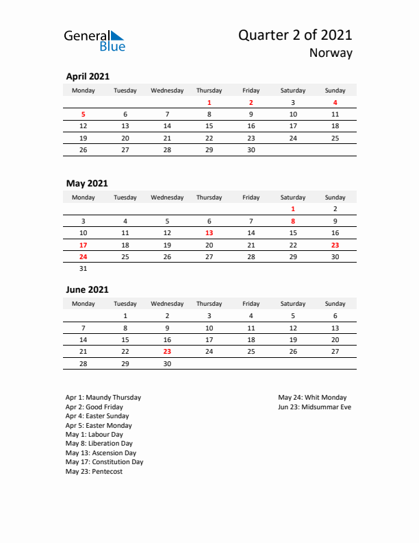 2021 Q2 Three-Month Calendar for Norway