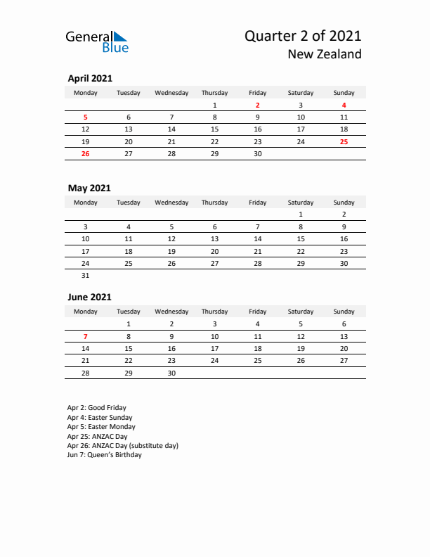 2021 Q2 Three-Month Calendar for New Zealand