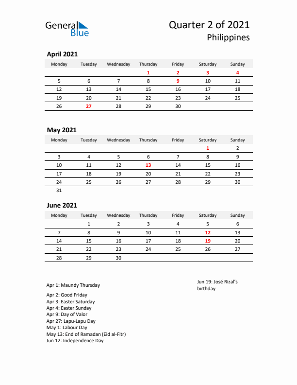 2021 Q2 Three-Month Calendar for Philippines