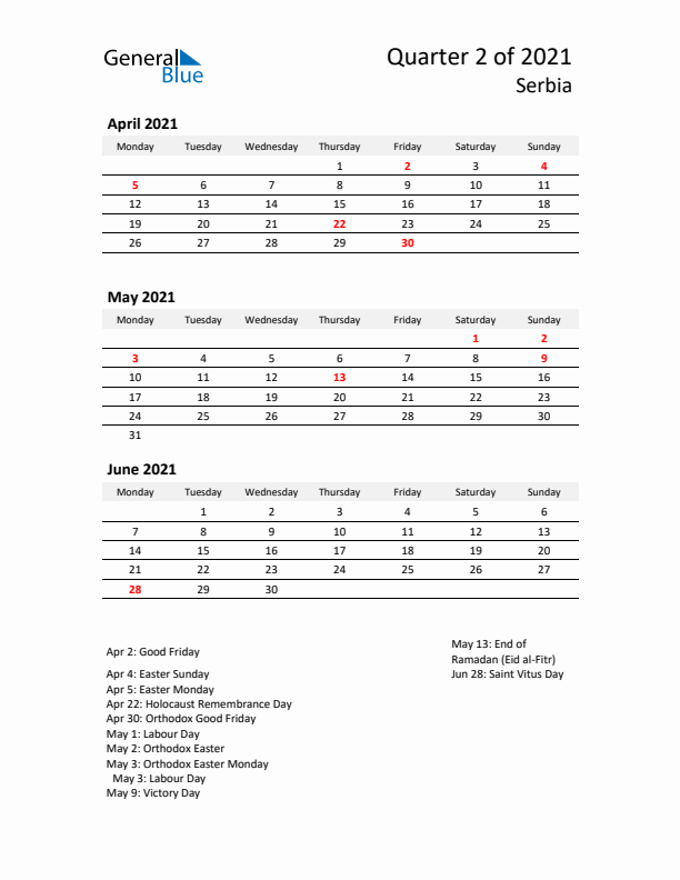 2021 Q2 Three-Month Calendar for Serbia