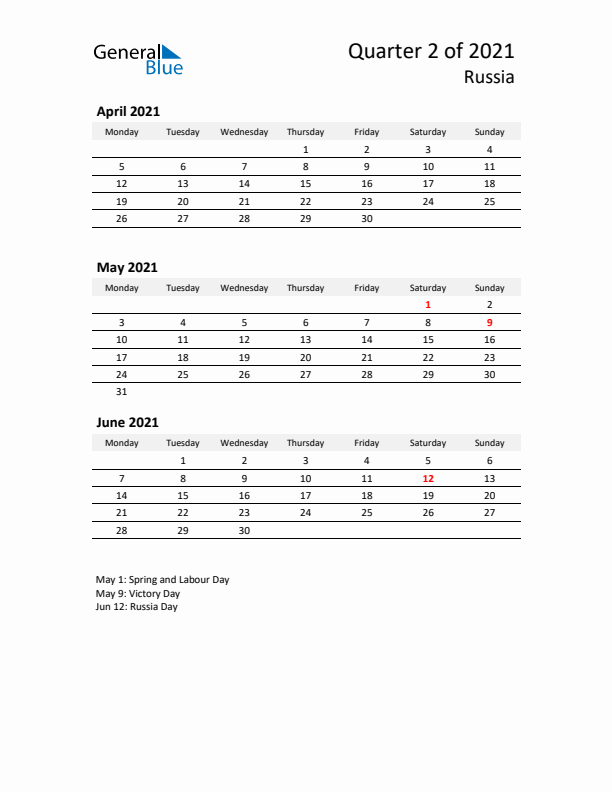 2021 Q2 Three-Month Calendar for Russia