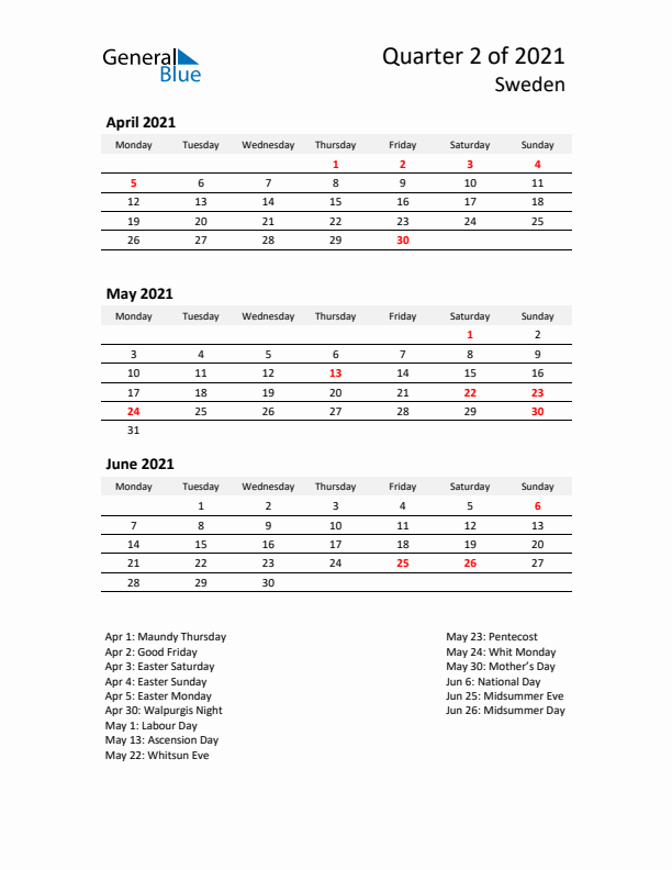 2021 Q2 Three-Month Calendar for Sweden