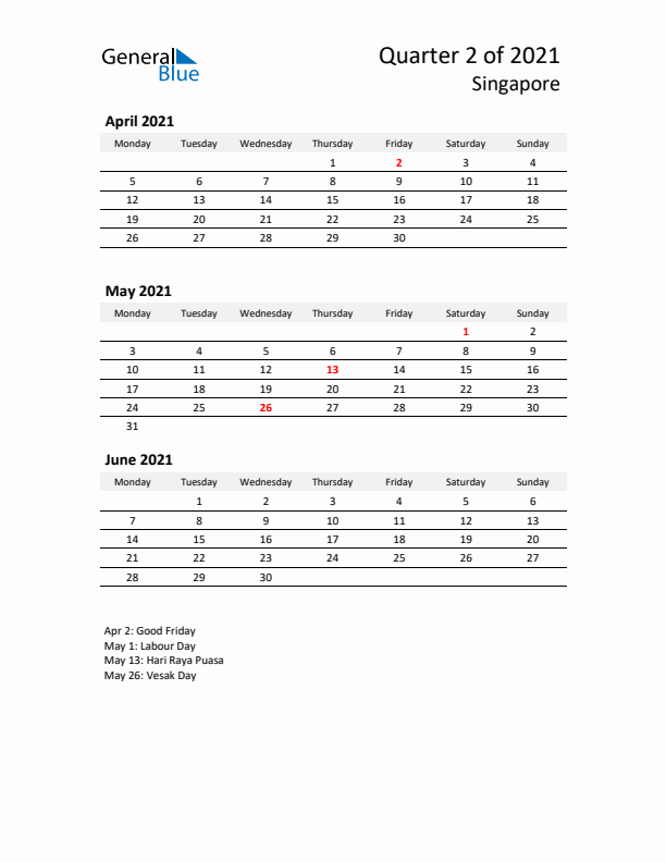 2021 Q2 Three-Month Calendar for Singapore