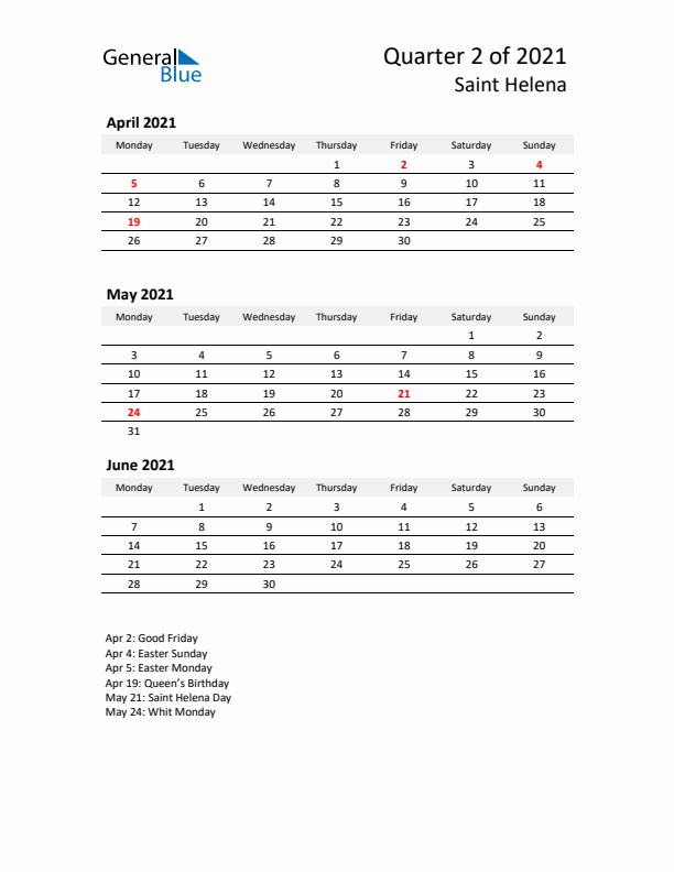 2021 Q2 Three-Month Calendar for Saint Helena