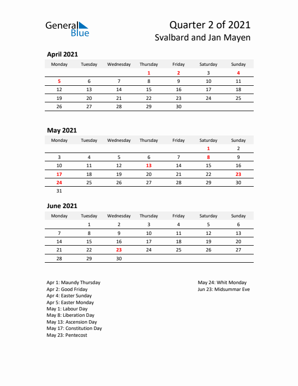 2021 Q2 Three-Month Calendar for Svalbard and Jan Mayen