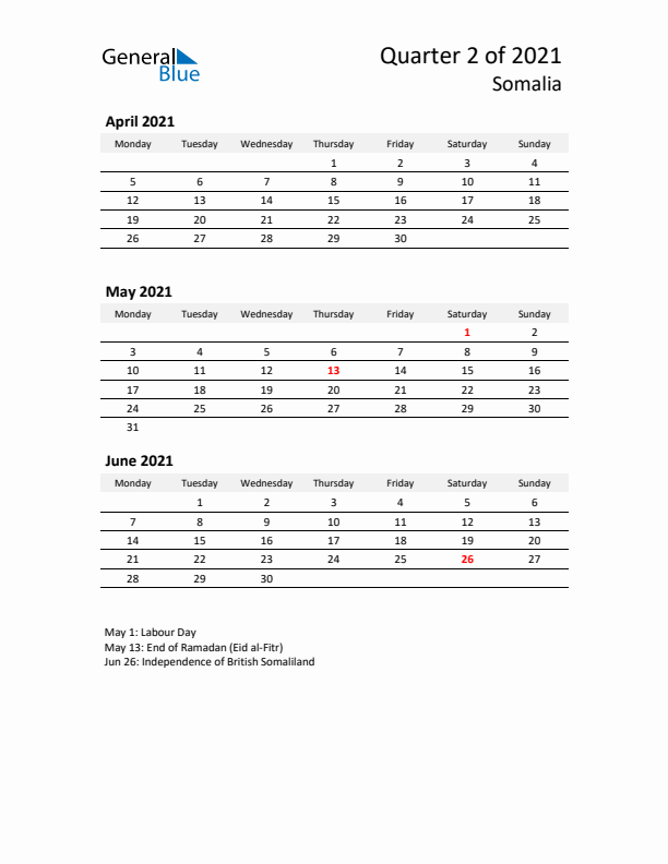 2021 Q2 Three-Month Calendar for Somalia