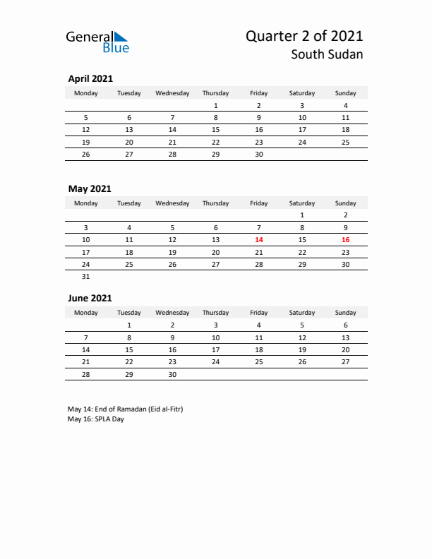 2021 Q2 Three-Month Calendar for South Sudan