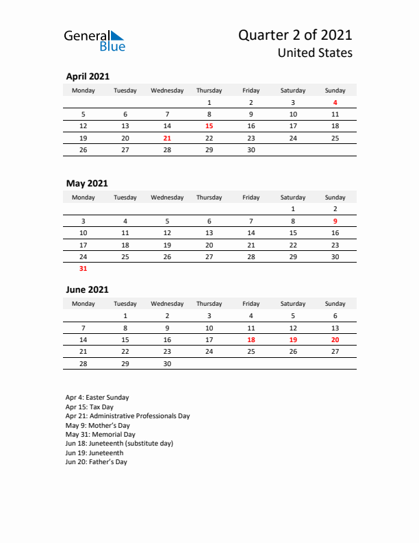 2021 Q2 Three-Month Calendar for United States