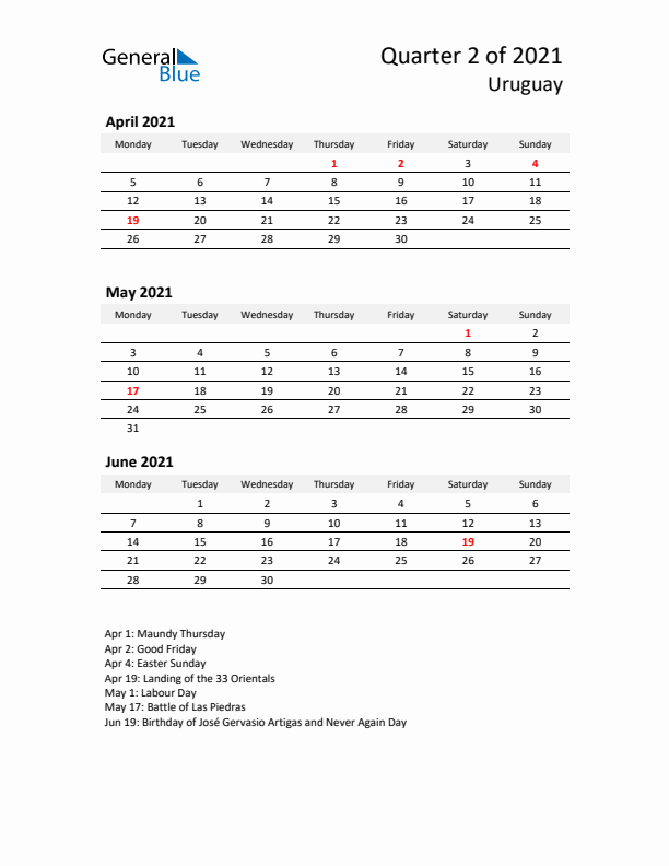 2021 Q2 Three-Month Calendar for Uruguay