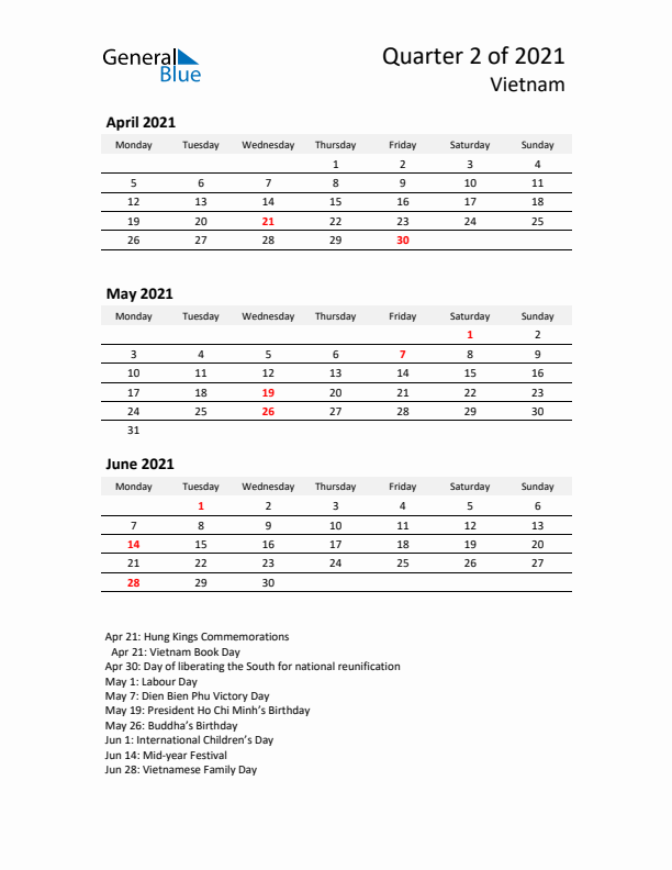 2021 Q2 Three-Month Calendar for Vietnam