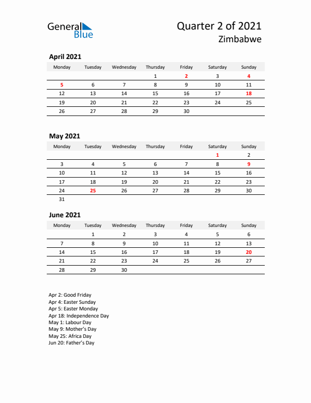 2021 Q2 Three-Month Calendar for Zimbabwe