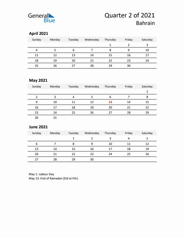 2021 Q2 Three-Month Calendar for Bahrain