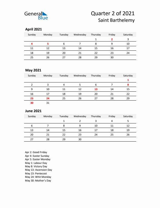 2021 Q2 Three-Month Calendar for Saint Barthelemy