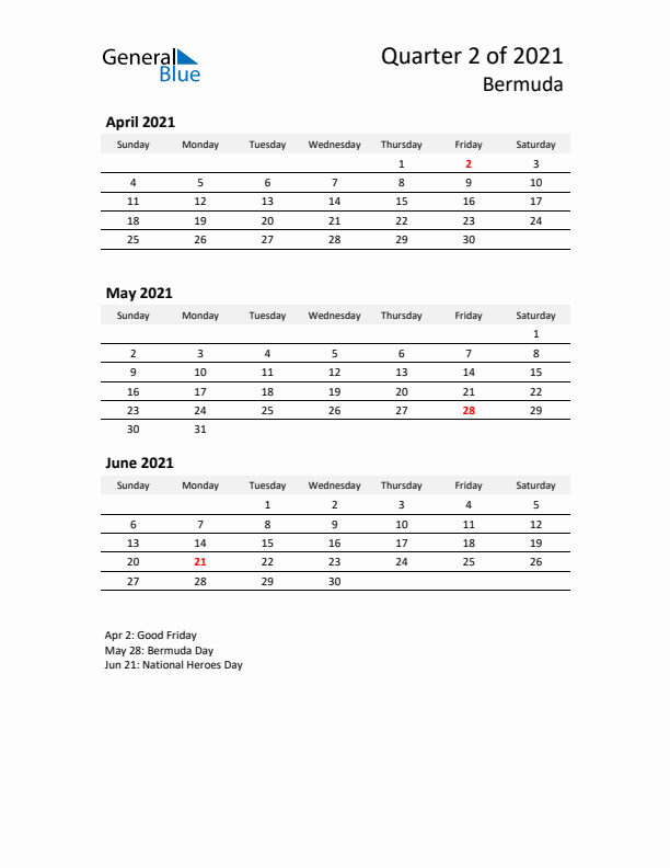 2021 Q2 Three-Month Calendar for Bermuda