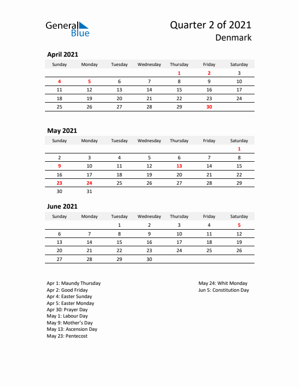 2021 Q2 Three-Month Calendar for Denmark