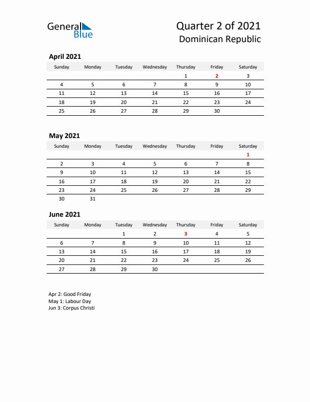 2021 Q2 Three-Month Calendar for Dominican Republic