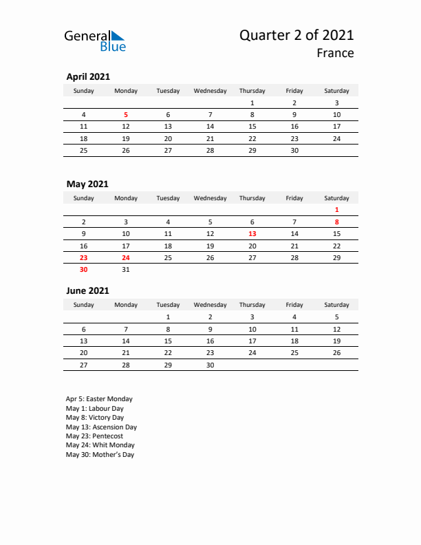 2021 Q2 Three-Month Calendar for France