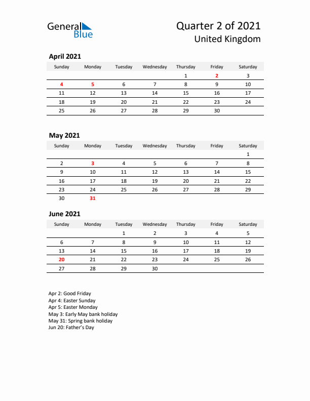 2021 Q2 Three-Month Calendar for United Kingdom