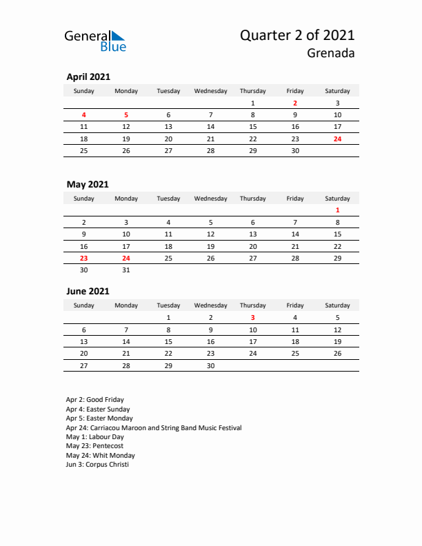 2021 Q2 Three-Month Calendar for Grenada