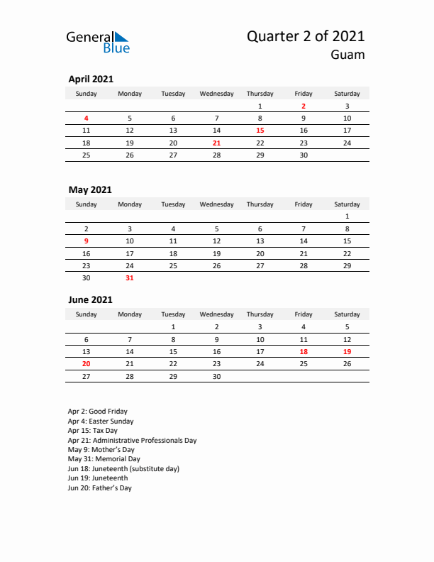 2021 Q2 Three-Month Calendar for Guam