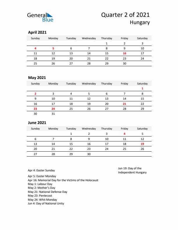 2021 Q2 Three-Month Calendar for Hungary