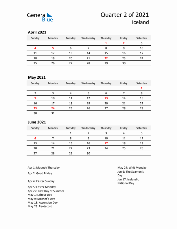 2021 Q2 Three-Month Calendar for Iceland