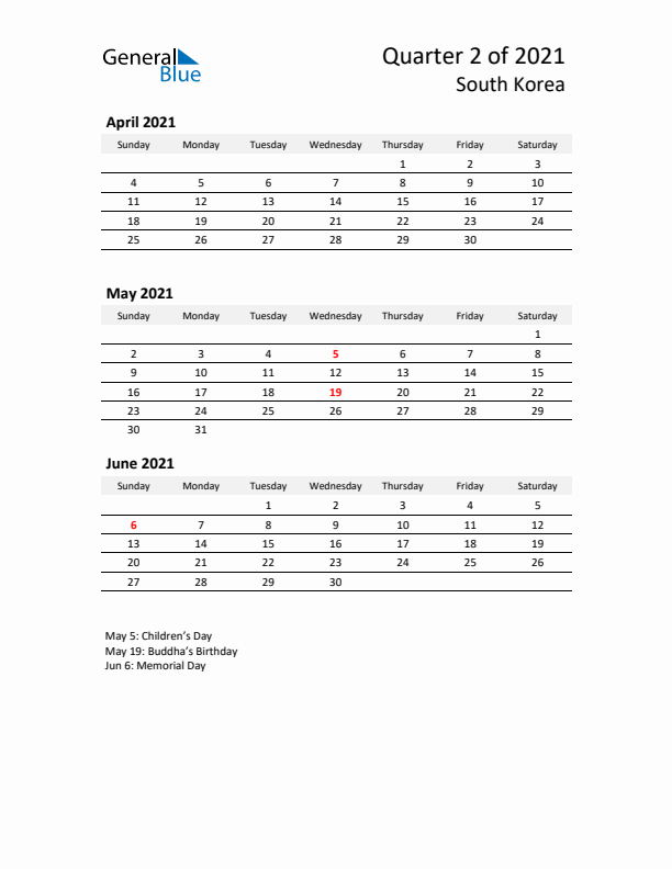 2021 Q2 Three-Month Calendar for South Korea