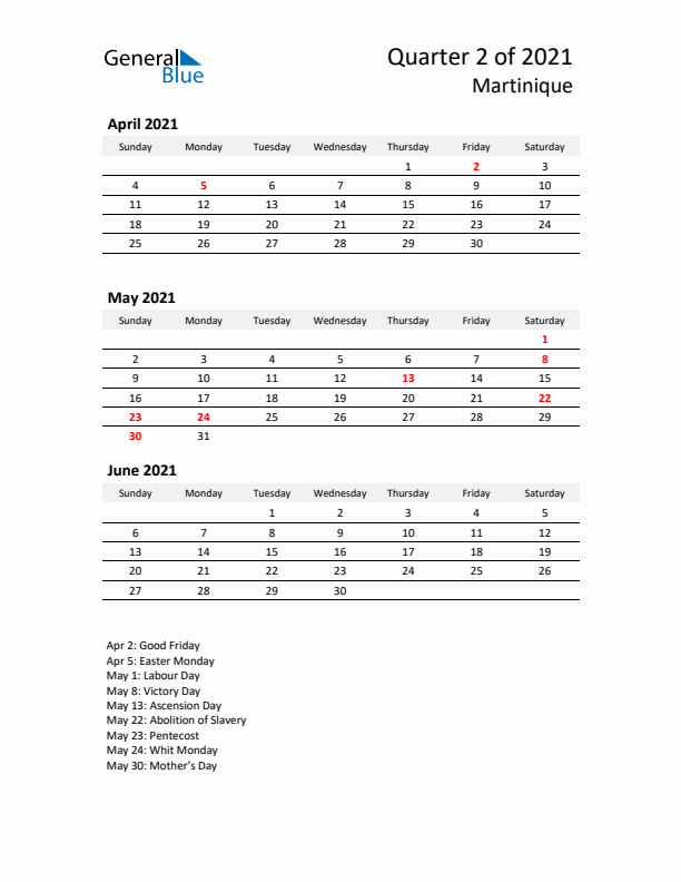 2021 Q2 Three-Month Calendar for Martinique