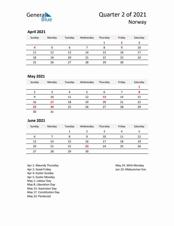 2021 Q2 Three-Month Calendar for Norway