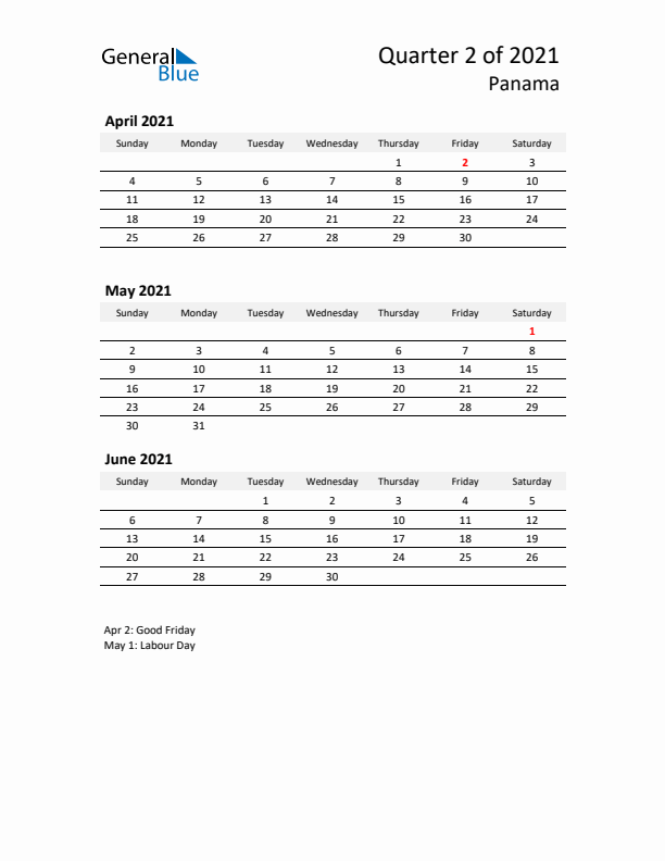 2021 Q2 Three-Month Calendar for Panama