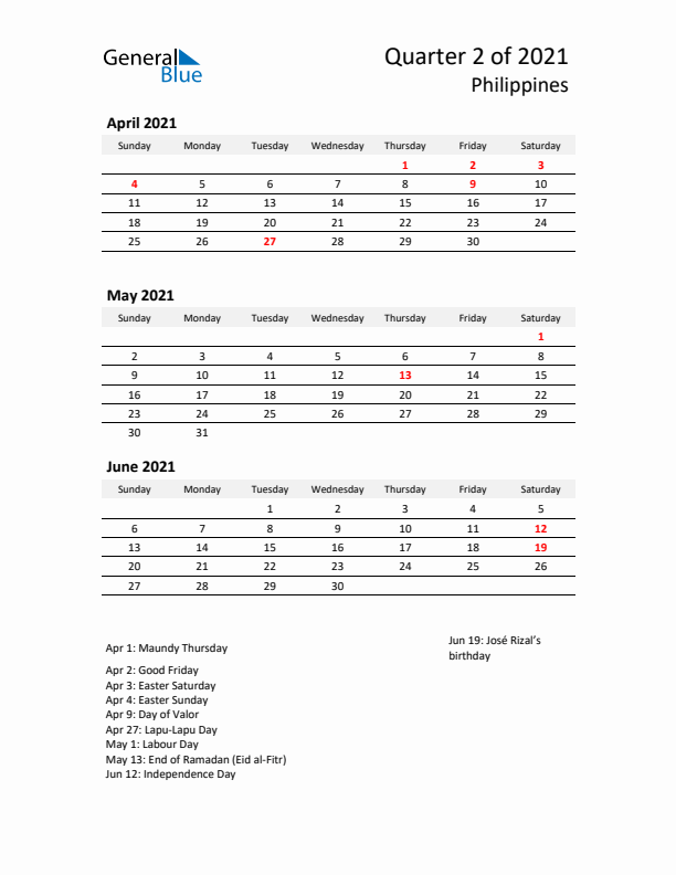 2021 Q2 Three-Month Calendar for Philippines