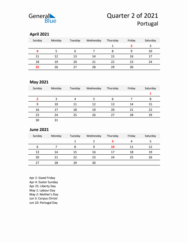 2021 Q2 Three-Month Calendar for Portugal