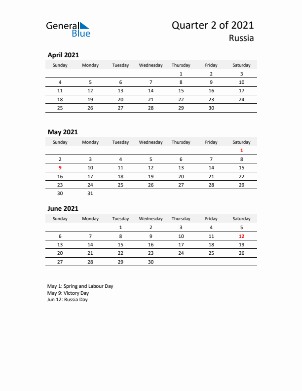 2021 Q2 Three-Month Calendar for Russia