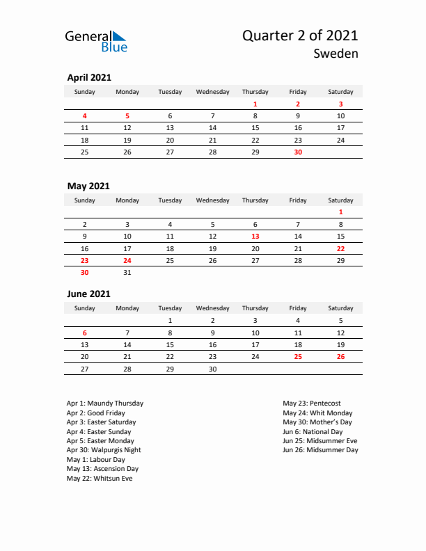 2021 Q2 Three-Month Calendar for Sweden