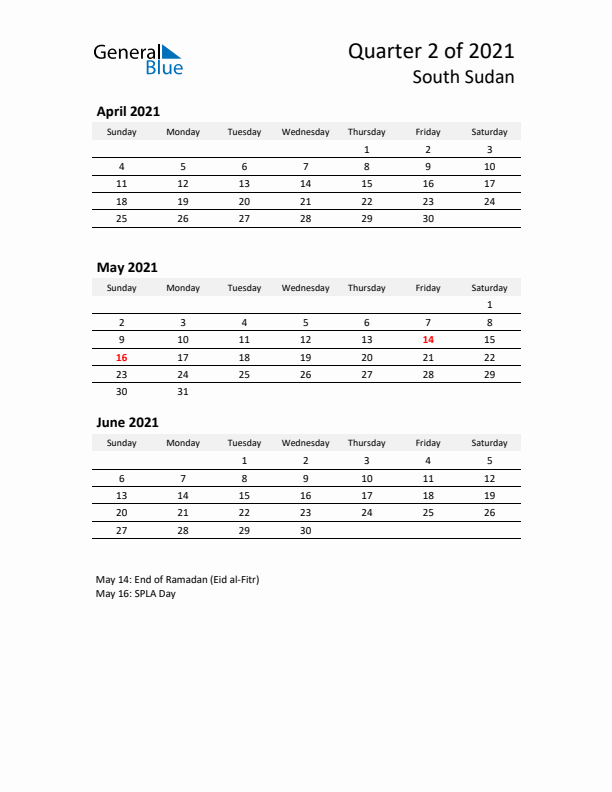 2021 Q2 Three-Month Calendar for South Sudan