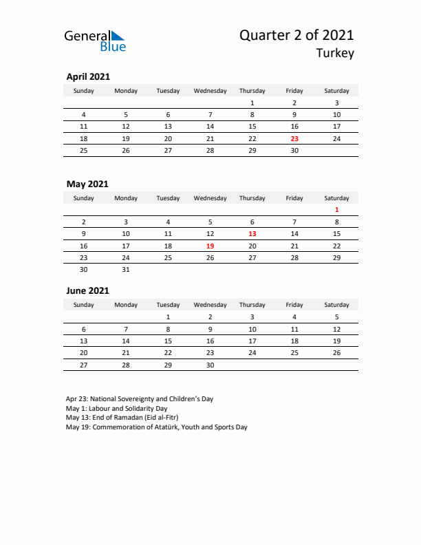 2021 Q2 Three-Month Calendar for Turkey