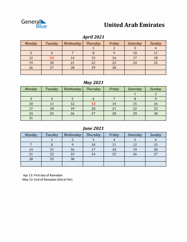 Q2 2021 Holiday Calendar - United Arab Emirates