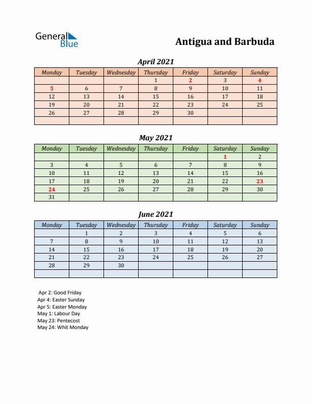 Q2 2021 Holiday Calendar - Antigua and Barbuda